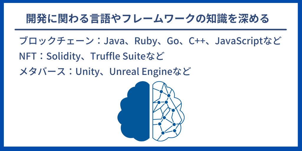 開発に関わる言語やフレームワークの知識を深める|ブロックチェーン:Java、Ruby、Go、C++、JavaScriptなど NFT:Solidity、Truffle Suiteなど メタバース:Unity、Unreal Engineなど