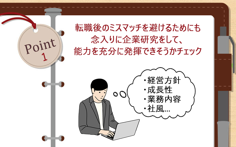 転職後のミスマッチを避けるためにも念入りに企業研究をして、能力を充分に発揮できそうかチェック