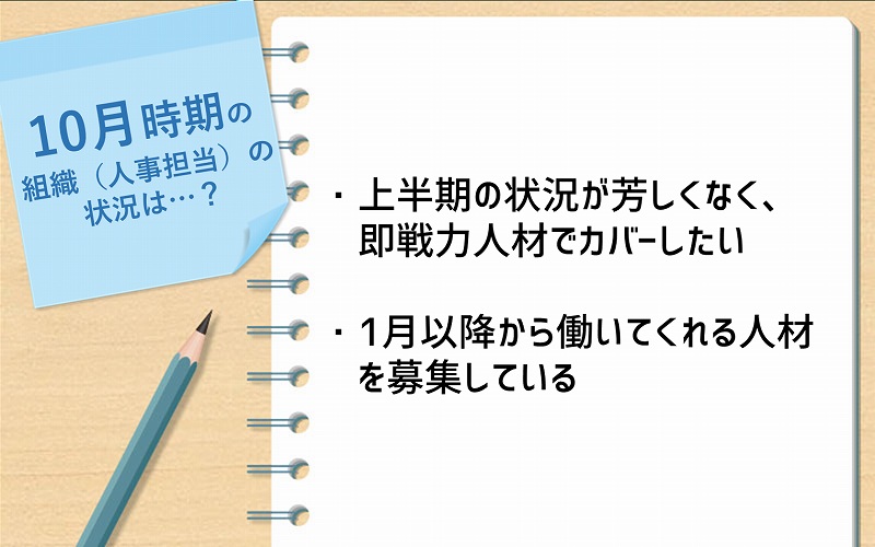 10月の企業の状況は―― ・上半期の状況が芳しくなく、即戦力人材でカバーしたい ・1月以降から働いてくれる人材を募集している