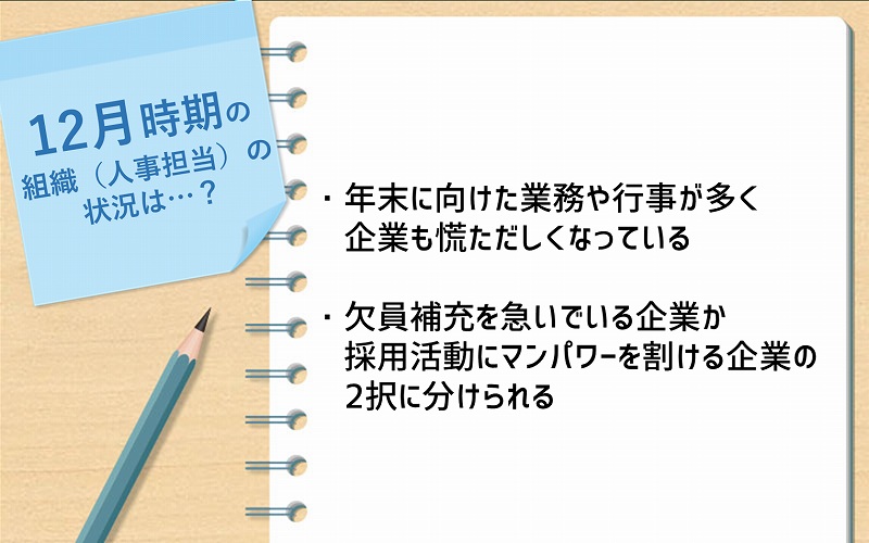 12月の企業の状況は―― ・年末に向けた業務や行事が多く企業も慌ただしくなっている ・欠員補充を急いでいる企業か採用活動にマンパワーを割ける企業の2択に分けられる