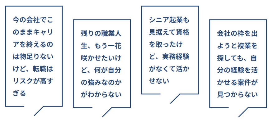 「今の会社でこのままキャリアを終えるのは物足りないけど、転職はリスクが高すぎる」「残りの職業人生、もう一花咲かせたいけど、何が自分の強みなのかがわからない」「シニア起業も見据えて資格を取ったけど、実務経験がなくて活かせない」「会社の枠を出ようと複業を探しても、自分の経験を活かせる案件が見つからない」
