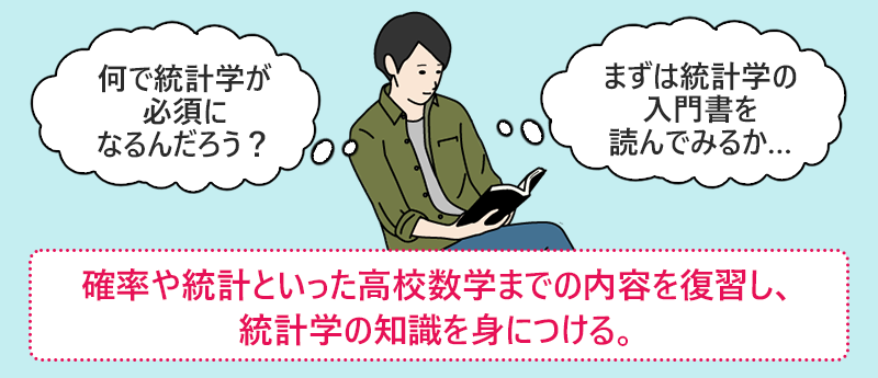 確率や統計といった高校数学までの内容を復習し、統計学の知識を身につける。