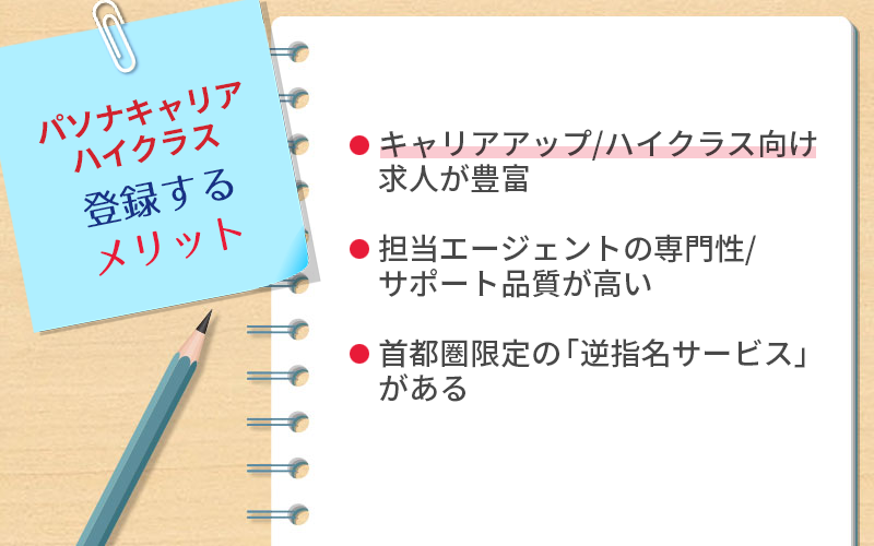 パソナキャリア ハイクラスに登録するメリット ●キャリアアップ/ハイクラス向け求人が豊富 ●担当エージェントの専門性/サポート品質が高い ●首都圏限定の「逆指名サービス」がある
