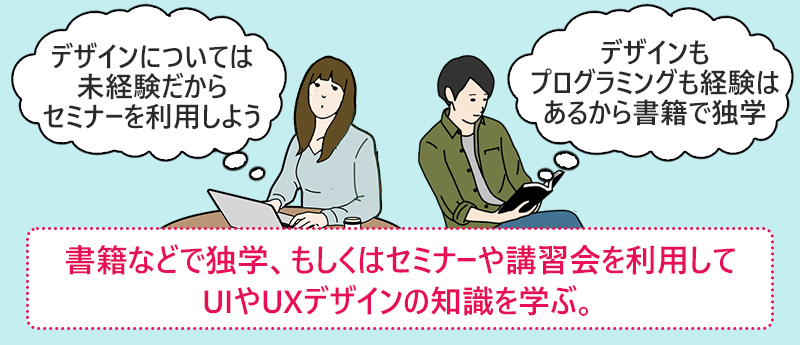 書籍などで独学、もしくはセミナーや講習会を利用してUIやUXデザインの知識を学ぶ。