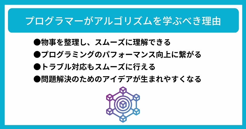 プログラマーがアルゴリズムを学ぶべき理由|●物事を整理し、スムーズに理解できる ●プログラミングのパフォーマンス向上に繋がる ●トラブル対応もスムーズに行える ●問題解決のためのアイデアが生まれやすくなる