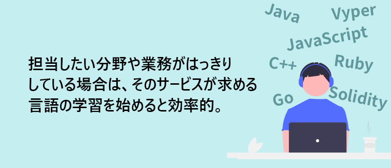 担当したい分野や業務がはっきりしている場合は、そのサービスが求める言語の学習を始めると効率的。