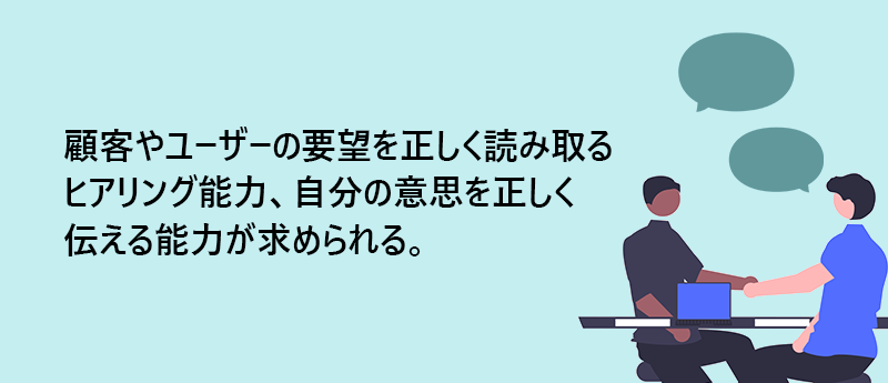 顧客やユーザーの要望を正しく読み取るヒアリング能力、自分の意思を正しく伝える能力が求められる。