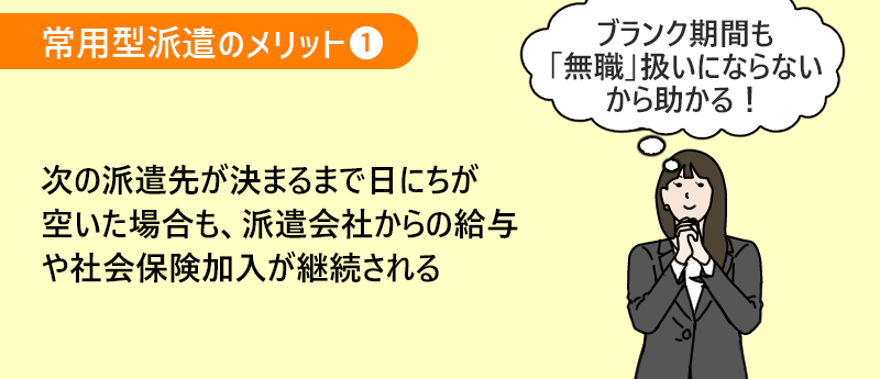 常用型派遣のメリット1 次の派遣先が決まるまで日にちが空いた場合も、派遣会社からの給与や社会保険加入が継続される