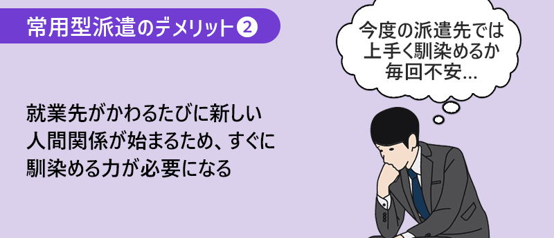 常用型派遣のデメリット2 就業先がかわるたびに新しい人間関係が始まるため、すぐに馴染める力が必要になる