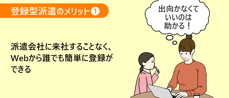 登録型派遣のメリット1 派遣会社に来社することなく、Webから誰でも簡単に登録ができる