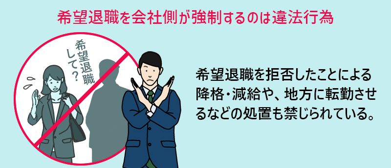 希望退職を会社側が共生するのは違法行為 希望退職を拒否したことによる降格・減給や、地方に転勤させるなどの処置も禁じられている