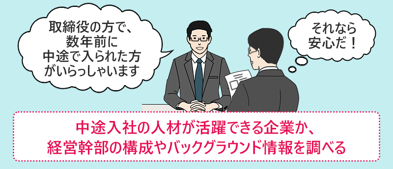 中途入社の人材が活躍できる企業か、経営幹部の構成やバックグラウンド情報を調べる