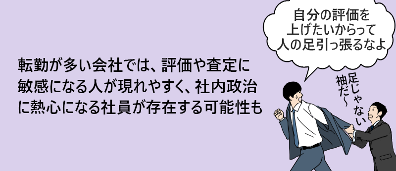 転勤が多い会社では、評価や査定に敏感になる人が現れやすく、社内政治に熱心になる社員が存在する可能性も