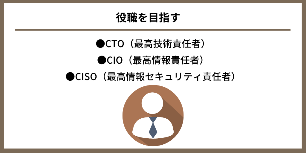 役職を目指す|●CTO(最高技術責任者) ●CIO(最高情報責任者) ●CISO(最高情報セキュリティ責任者)
