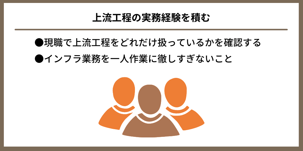 上流工程の実務経験を積む|●現職で上流工程をどれだけ扱っているかを確認する ●インフラ業務を一人作業に徹しすぎないこと