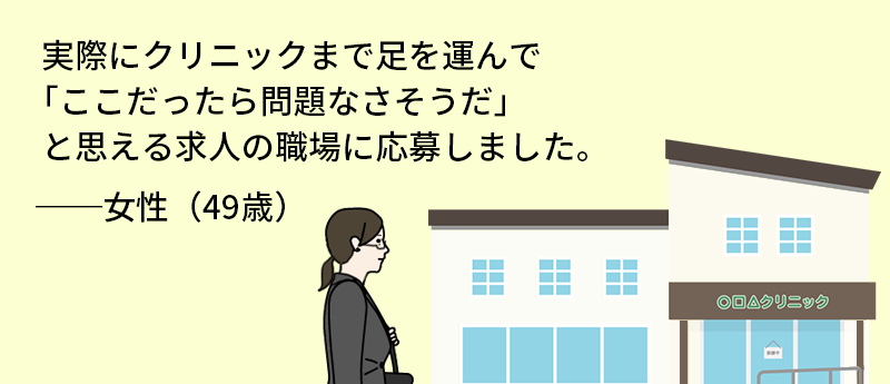 実際にクリニックまで足を運んで「ここだったら問題なさそうだ」と思える求人の職場に応募しました 女性(49歳)
