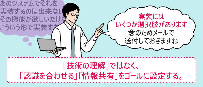 エンジニア側の対策:「技術の理解」ではなく、「認識を合わせる」「情報共有」をゴールに設定する。