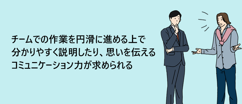 チームでの作業を円滑に進める上で分かりやすく説明したり、思いを伝えるコミュニケーション力が求められる