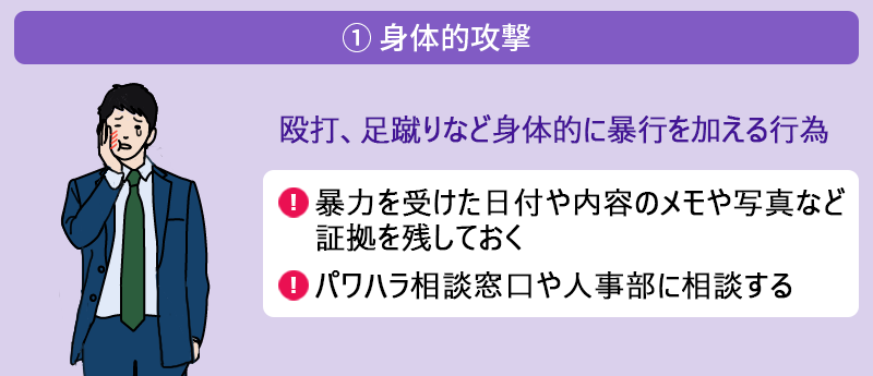 ① 身体的攻撃:殴打、足蹴りなど身体的に暴行を加える行為 ●暴力を受けた日付や内容のメモや写真など証拠を残しておく ●パワハラ相談窓口や人事部に相談する
