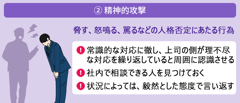 ② 精神的攻撃:脅す、怒鳴る、罵るなどの人格否定にあたる行為 ●常識的な対応に徹し、上司の側が理不尽な対応を繰り返していると周囲に認識させる ●社内で相談できる人を見つけておく ●状況によっては、毅然とした態度で言い返す
