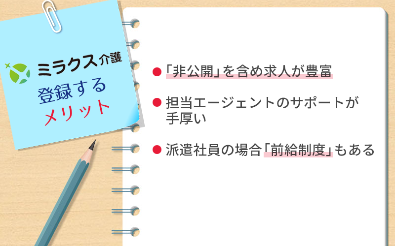 ミラクス介護に登録するメリット ●「非公開」を含め求人が豊富 ●担当エージェントのサポートが手厚い ●派遣社員の場合「前給制度」もある
