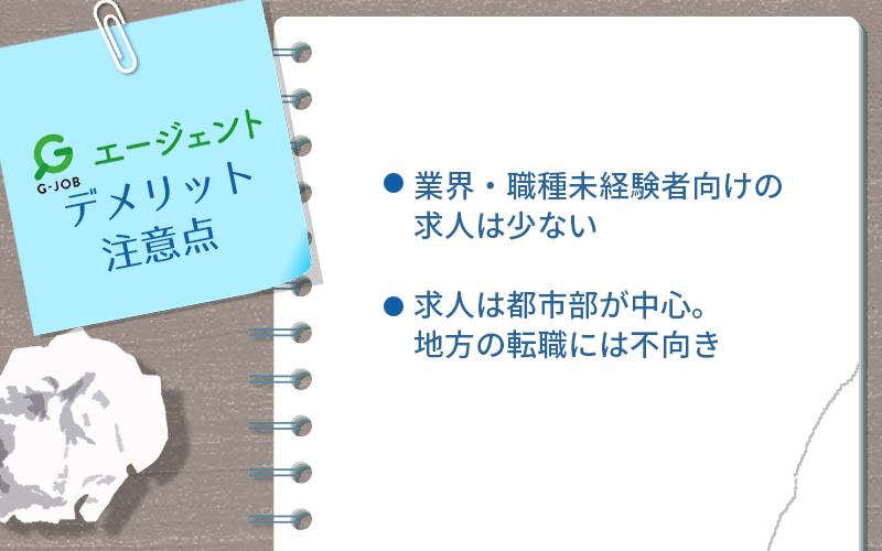 G-JOBエージェントのデメリット・注意点 ●業界・職種未経験者向けの求人は少ない ●求人は都市部が中心。地方の転職には不向き
