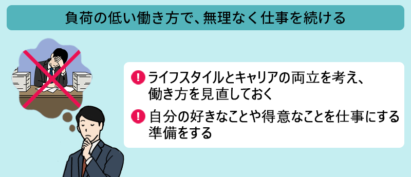 負荷の低い働きあk他で、無理なく仕事を続ける ●ラフスタイルとキャリアの両立を考え、働き方を見直しておく ●自分の好きなことや得意なことを仕事にする準備をする