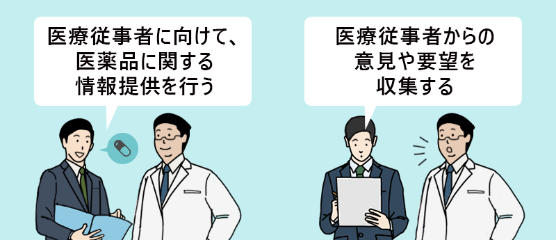 MRの仕事内容:1.医療従事者へ医薬品の情報を提供し、理解を深めてもらう 2.医療従事者からの意見・要望を医薬品開発部門へ伝える