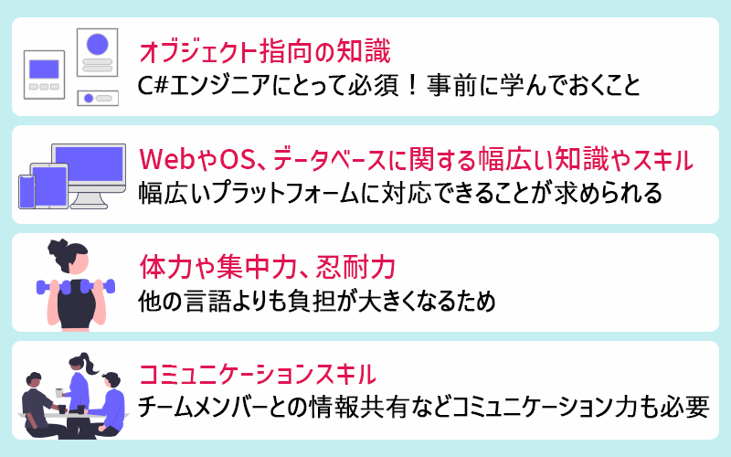 ●オブジェクト指向の知識(C#エンジニアにとって必須!事前に学んでおくこと) ●WebやOS、データベースに関する幅広い知識やスキル(幅広いプラットフォームに対応できることが求められる) ●体力や集中力、忍耐力(他の言語よりも負担が大きくなるため) ●コミュニケーションスキル(チームメンバーとの情報共有などコミュニケーション力も必要)