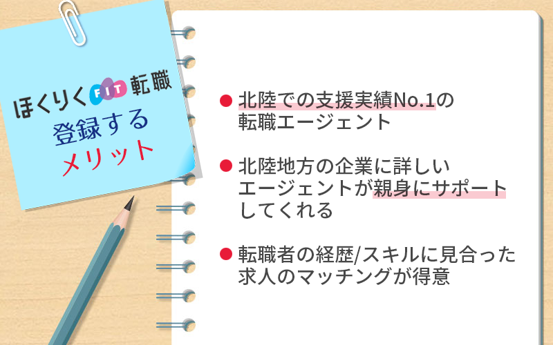 ほくりくFIT転職に登録するメリット ●北陸での支援実績No.1の転職エージェント ●北陸地方の企業に詳しいエージェントが親身にサポートしてくれる ●転職者の経歴/スキルに見合った求人のマッチングが得意
