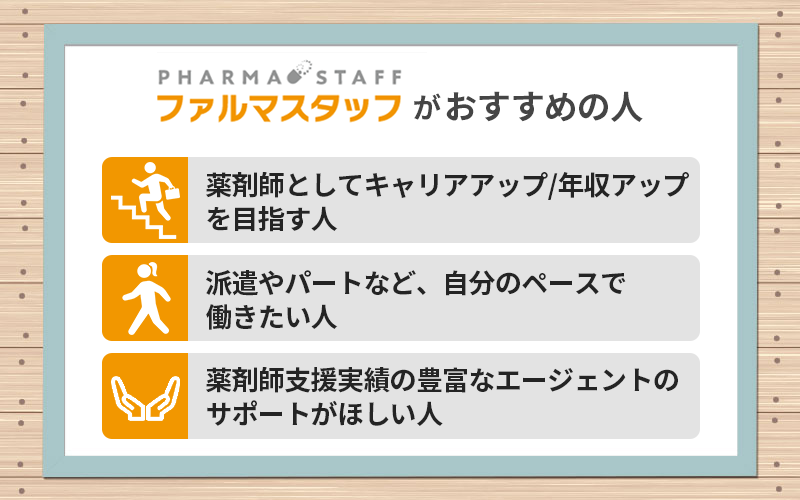 ファルマスタッフがおすすめの人 ●薬剤師としてキャリアアップ/年収アップを目指す人 ●派遣やパートなど、自分のペースで働きたい人 ●薬剤師支援実績の豊富なエージェントのサポートがほしい人