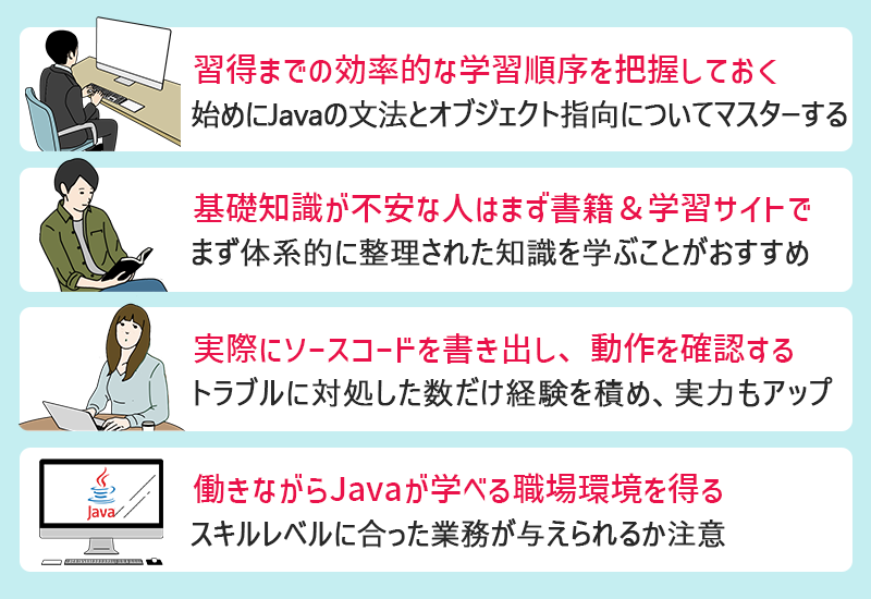 Javaのおすすめ勉強法 ●習得までの効率的な学習順序を把握しておく ●基礎知識が不安な人はまず書籍&学習サイトで ●実際にソースコードを書き出し、動作を確認する ●働きながらJavaが学べる職場環境を得る