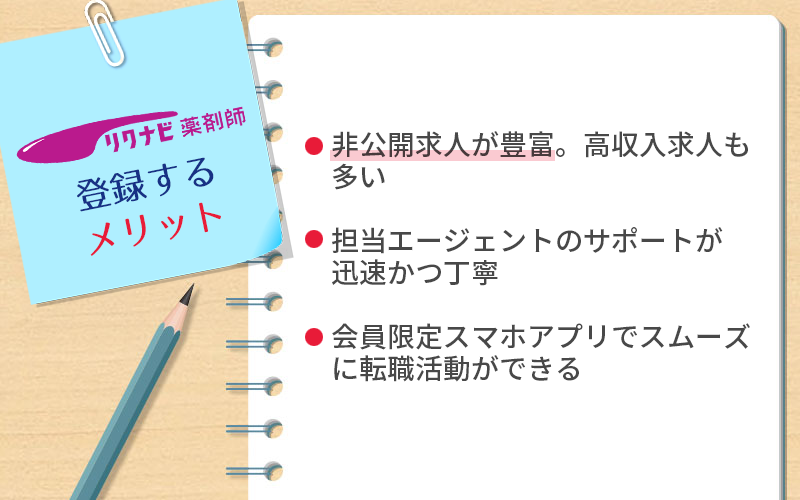 リクナビ薬剤師に登録するメリット ●非公開求人が豊富。高収入求人も多い ●担当エージェントのサポートが迅速かつ丁寧 ●会員限定スマホアプリでスムーズに転職活動ができる