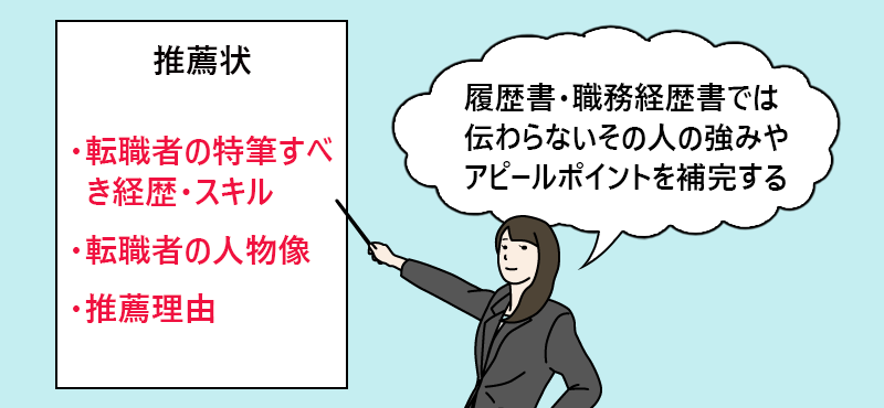 推薦状 □転職者の特筆すべき経歴・スキル □転職者の人物像 □推薦理由 履歴書・職務経歴書では伝わらないその人の強みやアピールポイントを補完する