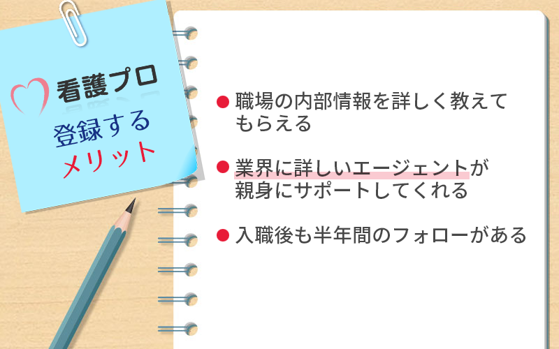 看護プロに登録するメリット ●職場の内部情報を詳しく教えてもらえる ●業界に詳しいエージェントが親身にサポートしてくれる ●入職後も半年間のフォローがある