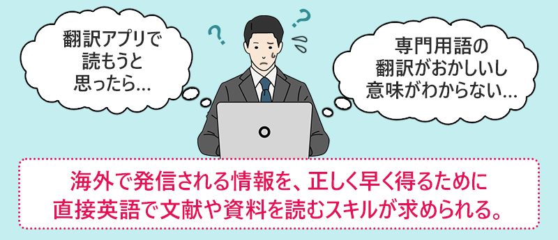 海外で発信される情報を、正しく早く得るために直接英語で文献や資料を読むスキルが求められる。