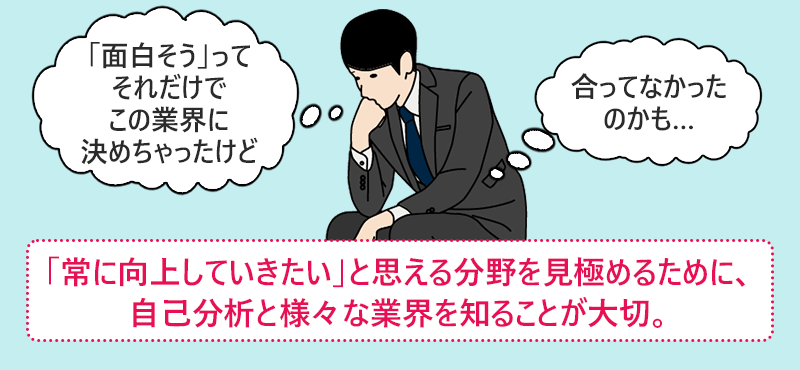 「常に向上していきたい」と思える分野を見極めるために、自己分析と様々な業界を知ることが大切。
