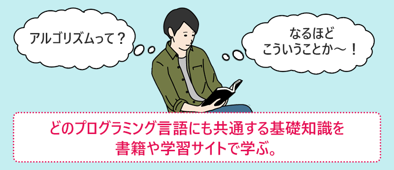 どのプログラミング言語にも共通する基礎知識を書籍や学習サイトで学ぶ。