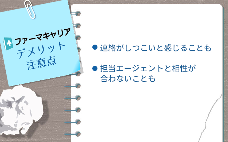 ファーマキャリアのデメリット・注意点 ●連絡がしつこいと感じることも ●担当エージェントと相性が合わないことも