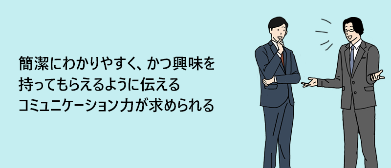 経営企画に求められるスキル:コミュニケーション力…簡潔にわかりやすく、かつ興味を持ってもらえるように伝えるコミュニケーション力が求められる
