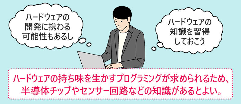 ハードウェアの持ち味を生かすプログラミングが求められるため、半導体チップやセンサー回路などの知識があるとよい。