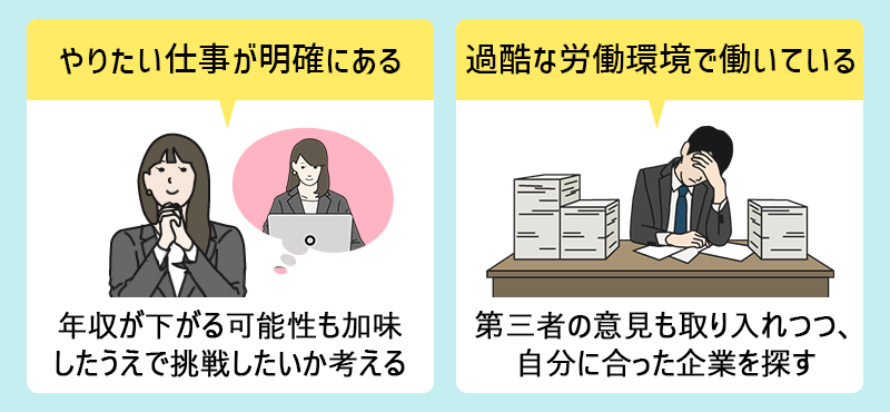 □やりたい仕事が明確にある:年収が下がる可能性も加味したうえで挑戦したいか考える □過酷な労働環境で働いている:第三者の意見も取り入れつつ、自分に合った企業を探す
