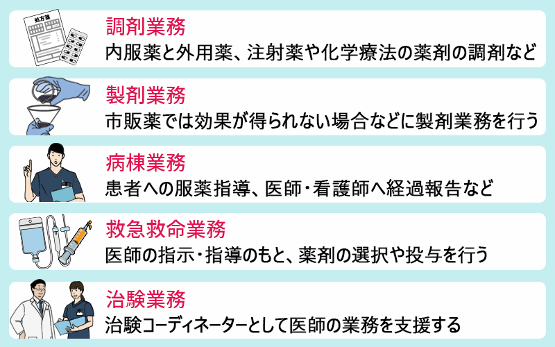 □調剤業務:内服薬と外用薬、注射薬や化学療法の薬剤の調剤など □製剤業務:市販薬では効果が得られない場合などに製剤業務を行う □病棟業務:患者への服薬指導、医師・看護師へ経過報告など □救急救命業務:医師の指示・指導のもと、薬剤の選択や投与を行う □治験業務:治験コーディネーターとしての医師の業務を支援する