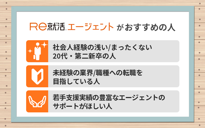 Re就活エージェントがおすすめの人 ●社会人経験の浅い/まったくない20代・第二新卒の人 ●未経験の業界/職種への転職を目指している人 ●若手支援実績の豊富なエージェントのサポートがほしい人