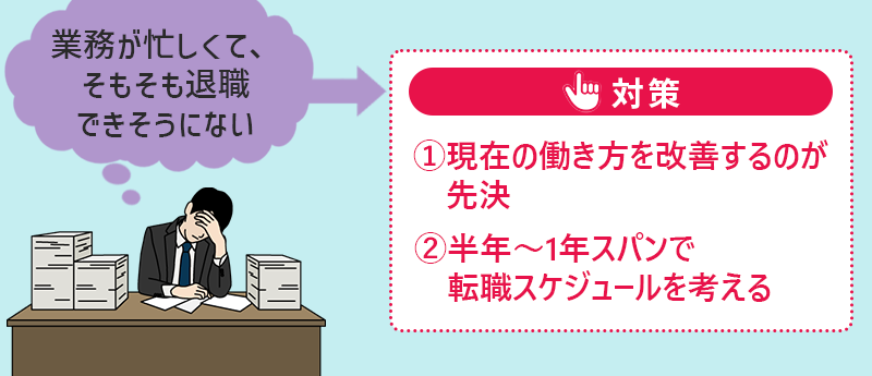 業務が忙しくて、そもそも退職できそうにない→対策:①現在の働き方を改善するのが先決 ②半年~1年スパンで転職スケジュールを考える