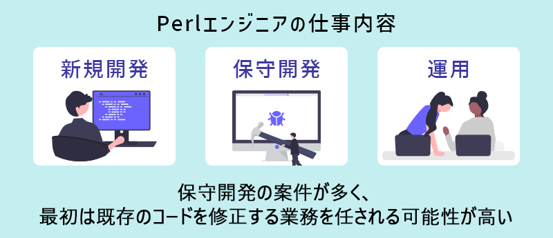 Perlエンジニアの仕事内容 ●新規開発 ●保守開発 ●運用 保守開発の案件が多く、最初は既存のコードを修正する業務を任される可能性が高い