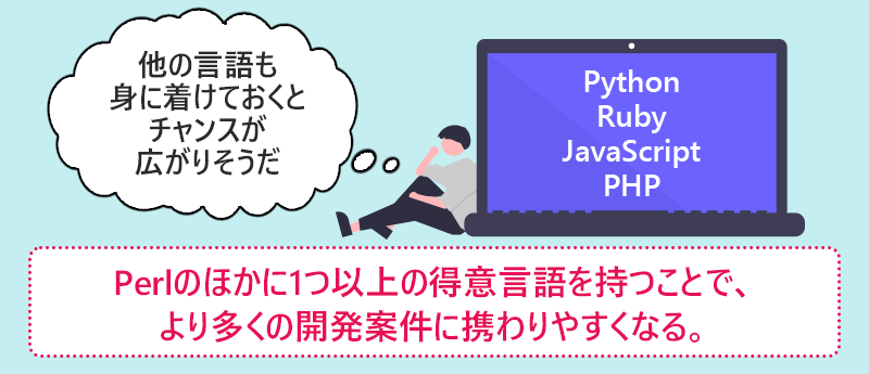 Perlのほかに1つ以上の得意言語を持つことで、より多くの開発案件に携わりやすくなる。