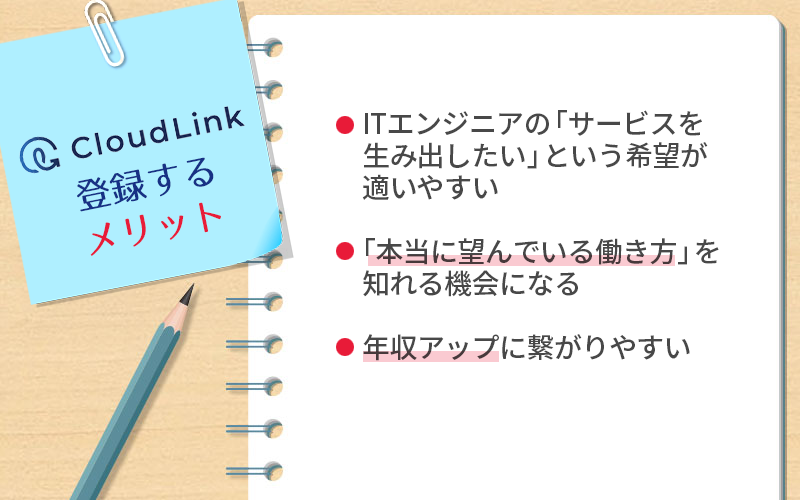 クラウドリンクに登録するメリット:・ITエンジニアの「サービスを生み出したい」という希望が適いやすい ・「本当に望んでいる働き方」を知れる機会になる ・年収アップに繋がりやすい