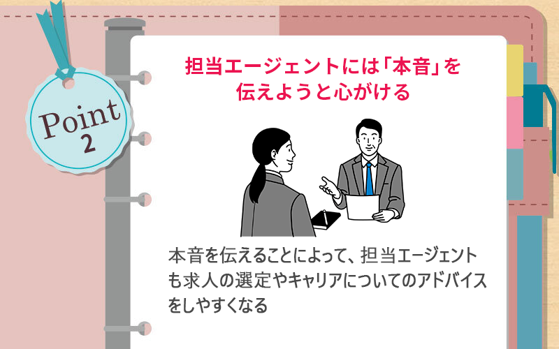 POINT2 担当エージェントには「本音」を伝えようと心がける ■本音を伝えることによって、担当エージェントも求人の選定やキャリアについてのアドバイスをしやすくなる