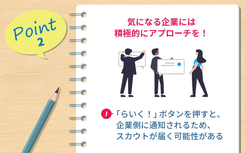 POINT2 気になる企業には積極的にアプローチを! □「らいく!」ボタンを押すと、企業側に通知されるため、スカウトが届く可能性がある